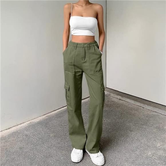 Women's Cargo Pants High Waisted Casual Baggy Stretchy Wide Leg with 6 Pockets - Picture 2 of 6